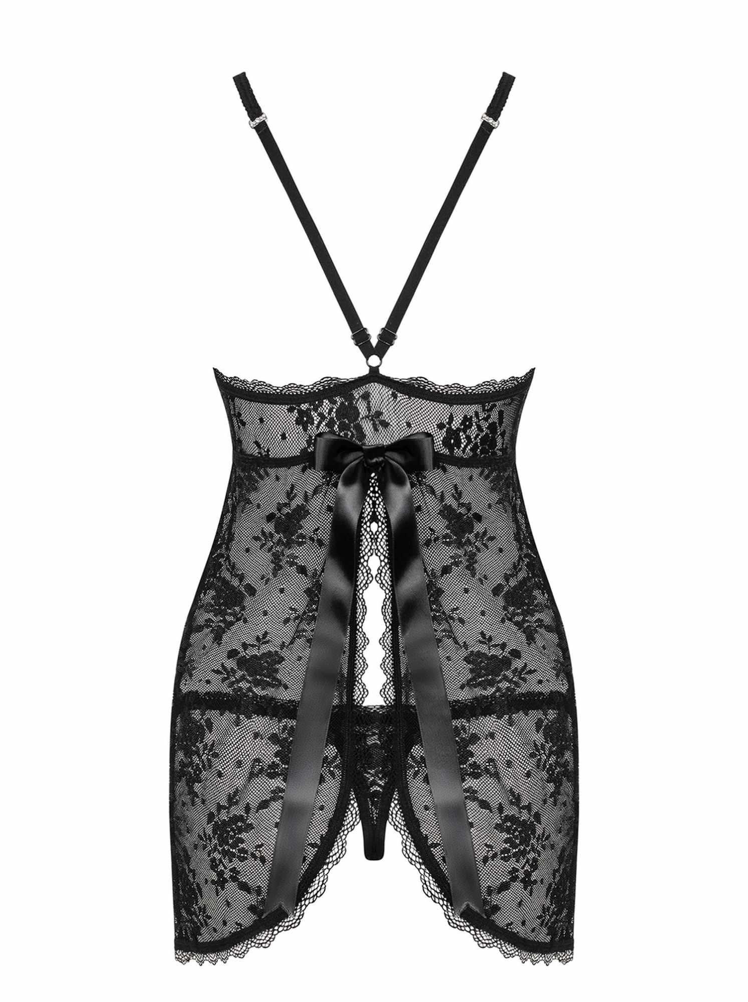 Zestaw negliż + majtki typu stringi Obsessive Behindy, L/XL (czarny)
