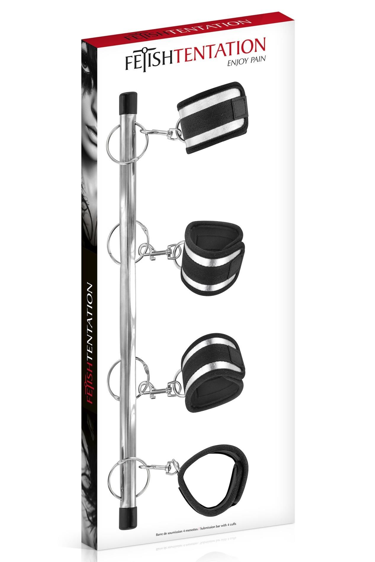 Fetish Tentation Submission Bar with 4 Cuffs - Rozpórka do krępowania rąk i nóg, Czarny, 54 cm