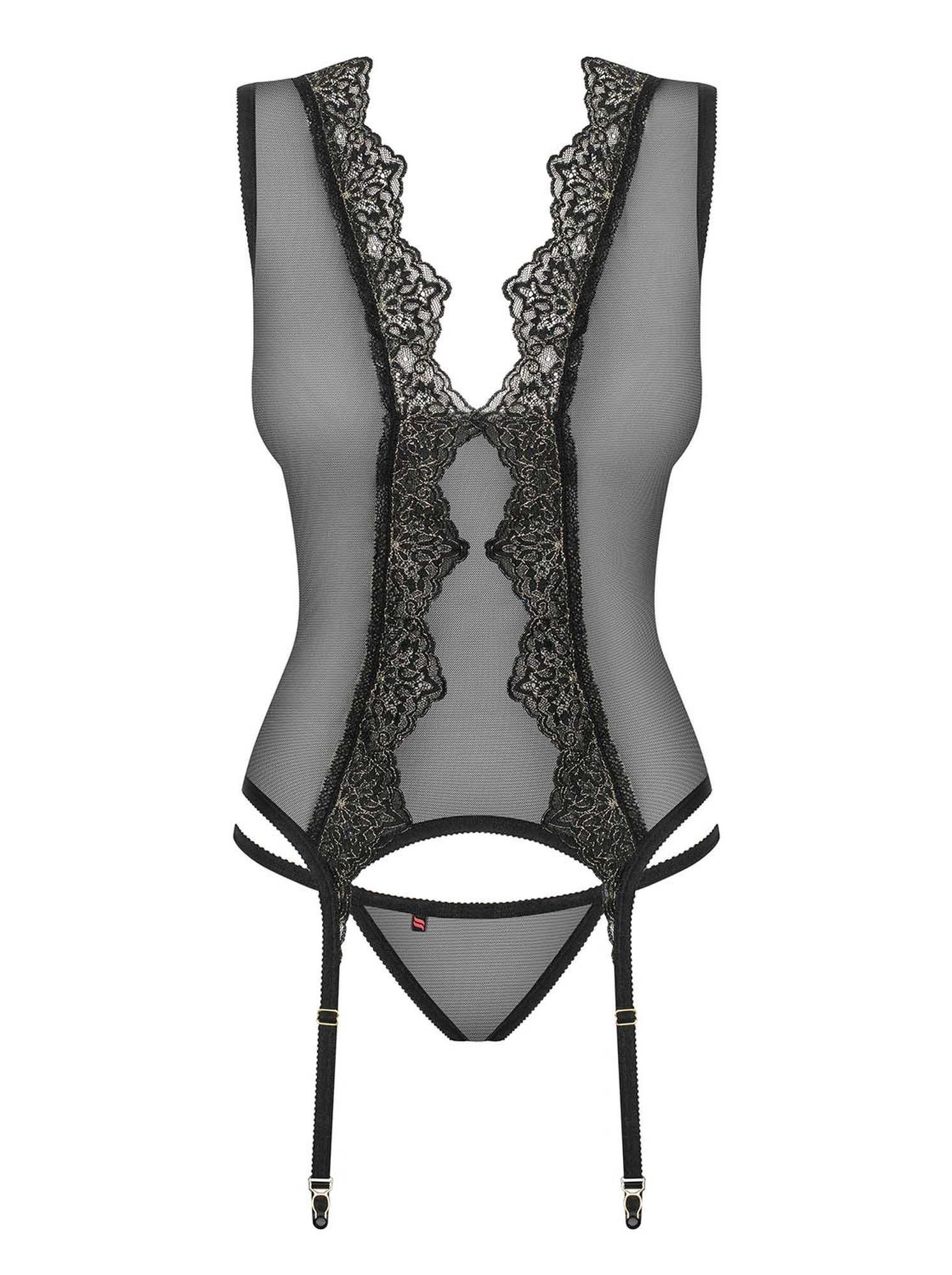 Корсет и стринги Obsessive Meshlove, L/XL (черный)