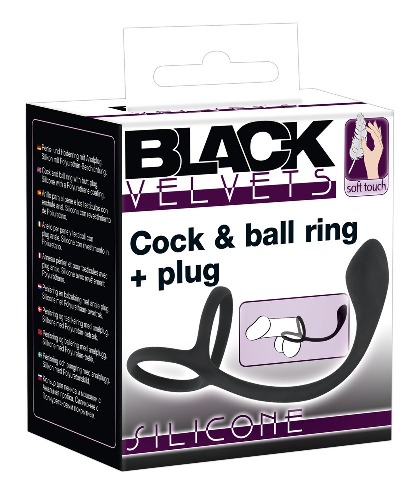 Эрекционное кольцо с анальным стимулятором Black Velvets Cock & Ball Ring, 22.5 см (черный)