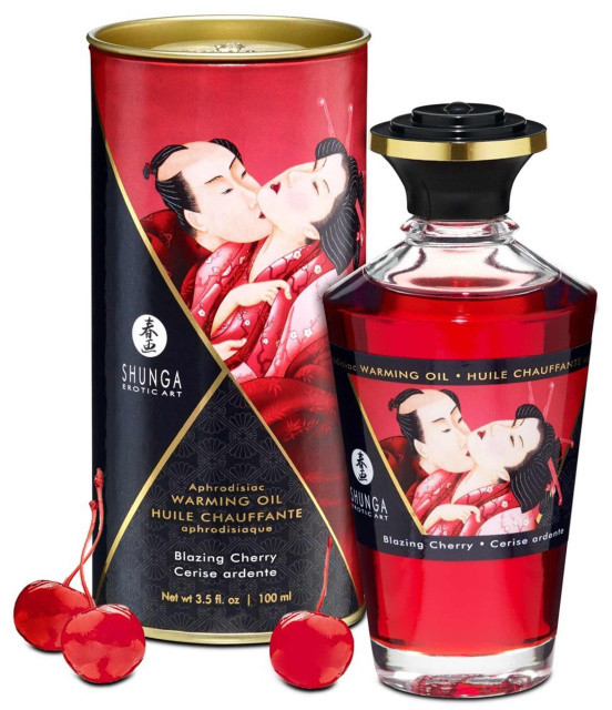 Shunga Aphrodisiac Warming Oil Blazing Cherry - Rozgrzewający olejek do masażu, Przezroczysty, Wiśnia, 100 ml