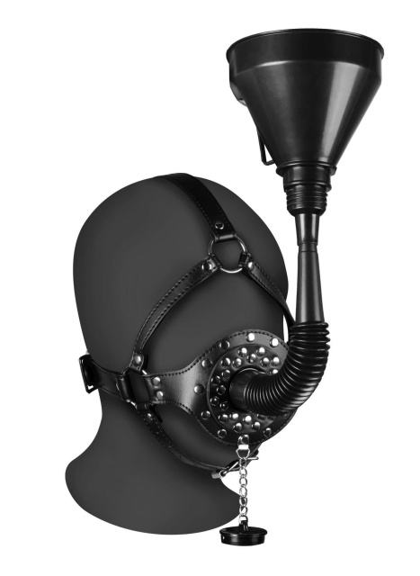 Ouch Open Mouth Gag Head Harness with Funnel - Knebel z kulką, Czarny, 64 cm