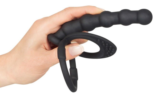 Black Velvets Cock And Ball Ring - Korek analny z pierścieniem erekcyjnym, Czarny, 19 cm