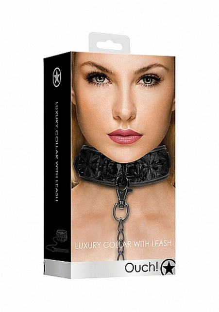 Ouch Luxury Collar with Leash - Obroża ze smyczą, Czarny, 52.5 cm