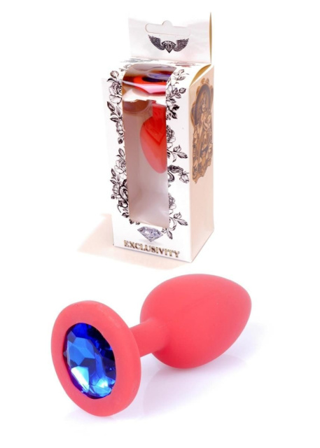 B - Series HeavyFun Plug-Jewellery Red Silicon Plug Small- Blue Diamond - Silikonowy korek analny z kryształem, Niebieski, 7 cm