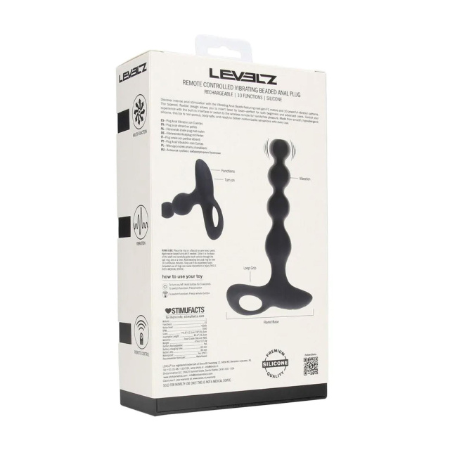 Levelz Remote Control Beaded Vibrating Silicone Anal Plug - Wibrator analny, Czarny, 20.3 cm