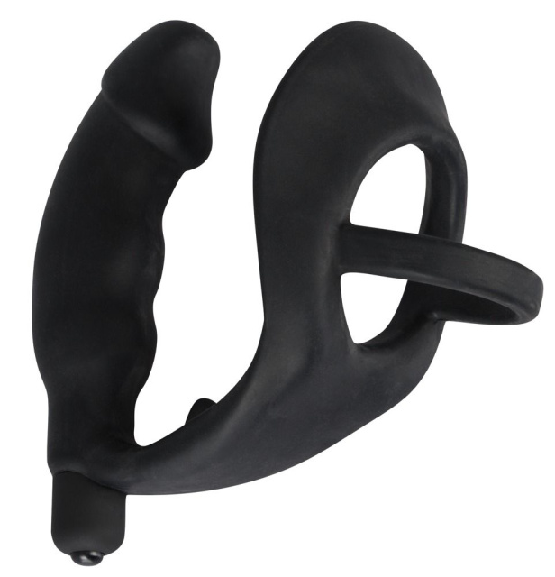 Black Velvets - Wibrujący pierścień erekcyjny z korkiem analnym, Czarny, 13.5 cm