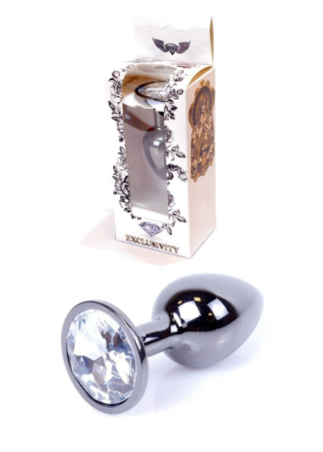 B - Series HeavyFun Boss Jewellery Dark Silver Plug Clear - Metalowy korek analny z kryształem, Srebro, 7 cm