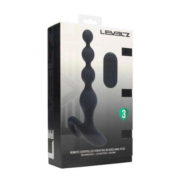 Levelz Remote Control Beaded Vibrating Silicone Anal Plug - Wibrator analny, Czarny, 20.3 cm