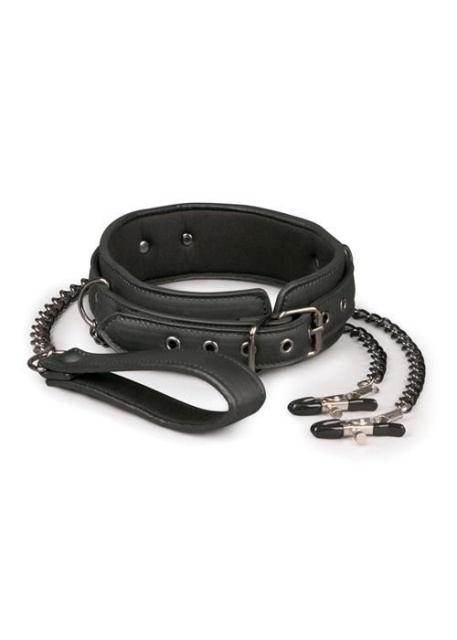Easytoys Leather Collar With Nipple Chains - Zaciski na sutki, Czarny