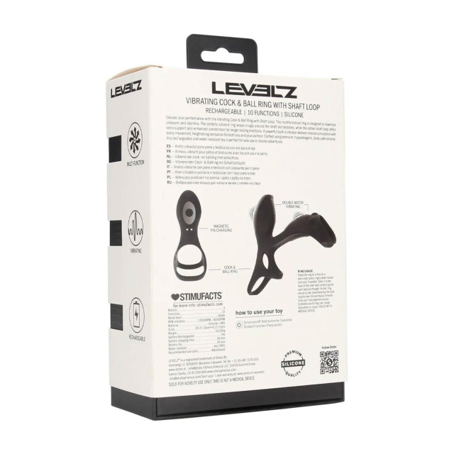 Levelz Vibrating Silicone Cock and Ball Ring with Shaft Loop - Wibrujący pierścień erekcyjny, Czarny, 14 cm