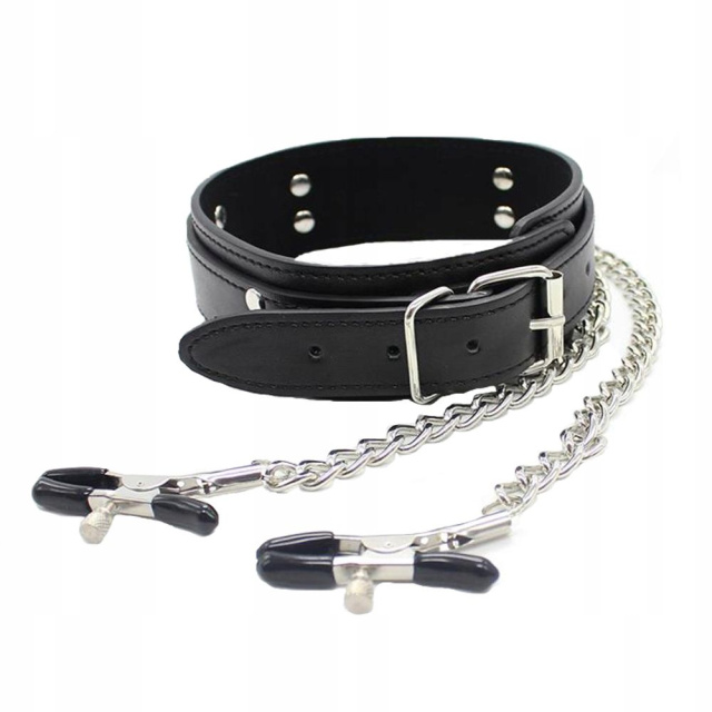 Ошейник с зажимами для сосков Fetish Addict Collar With Nipple Clamps, 51,5 см (черный)