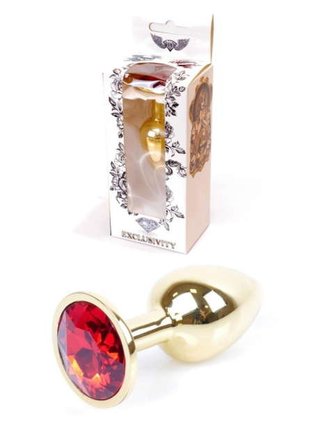 B - Series HeavyFun Jewellery Gold Plug - Metalowy korek analny z kryształem, Czerwony, 7 cm, S