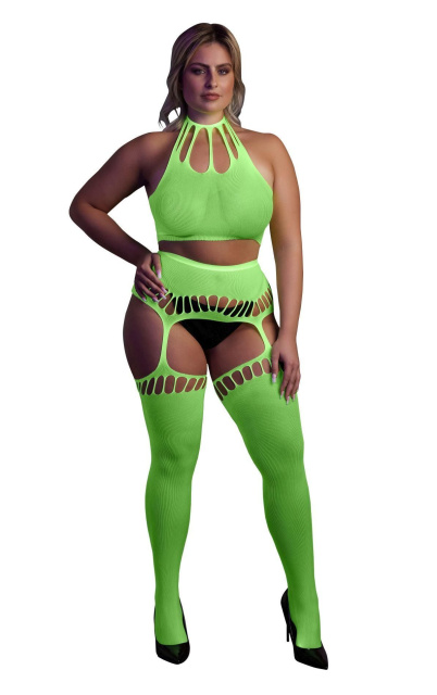 Комплект білизни Ouch! Two Piece with Crop Top and Stockings, XL/XXXXL (зелений)