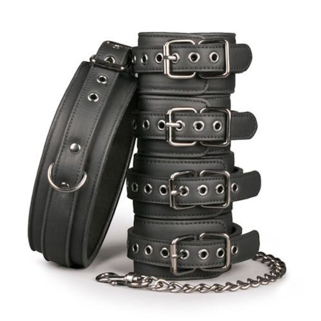 Easytoys Fetish set with collar, ankle- and wrist cuffs - Zestaw BDSM, Czarny, 80 cm