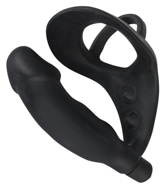 Black Velvets - Wibrujący pierścień erekcyjny z korkiem analnym, Czarny, 13.5 cm