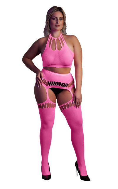 Комплект білизни Ouch! Two Piece with Crop Top and Stockings, XL/XXXXL (рожевий)