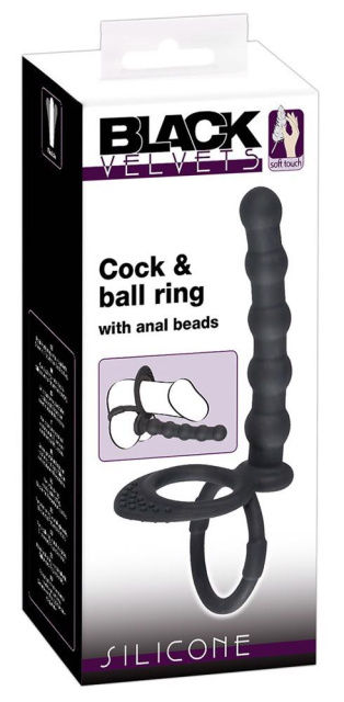 Black Velvets Cock And Ball Ring - Korek analny z pierścieniem erekcyjnym, Czarny, 19 cm