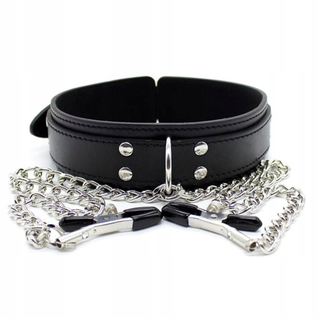 Ошейник с зажимами для сосков Fetish Addict Collar With Nipple Clamps, 51,5 см (черный)