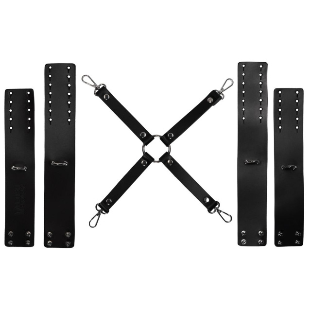 Fetish Provoke Domluxe - Skórzana uprząż z kajdankami na ręce i nogi., Czarny, 35 cm
