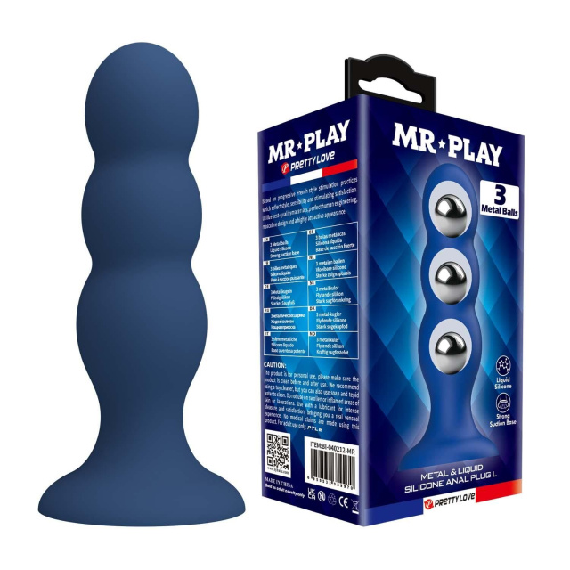 Mr. Play 3 Metal Balls - Korek analny, Niebieski, 16.5 cm