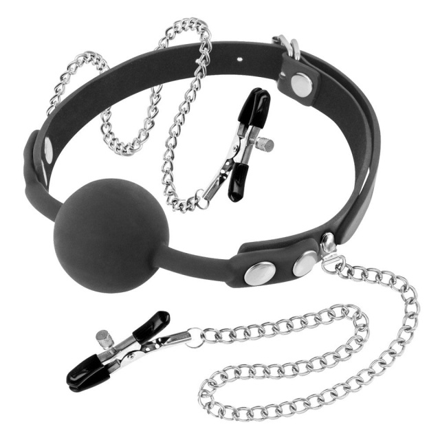 Кляп із затискачами для сосків Gag Ball With Nipple Clamps, 4 см (чорний)