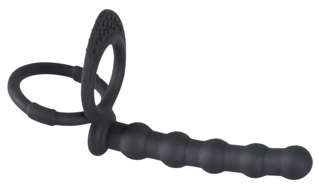 Black Velvets Cock And Ball Ring - Korek analny z pierścieniem erekcyjnym, Czarny, 19 cm