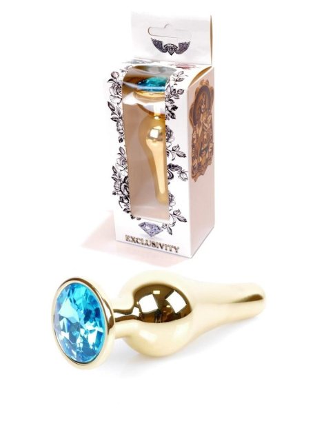 B - Series HeavyFun Boss Jewellery Gold Butt Plug Light - Metalowy korek analny z kryształem, Niebieski, 9, 5 cm
