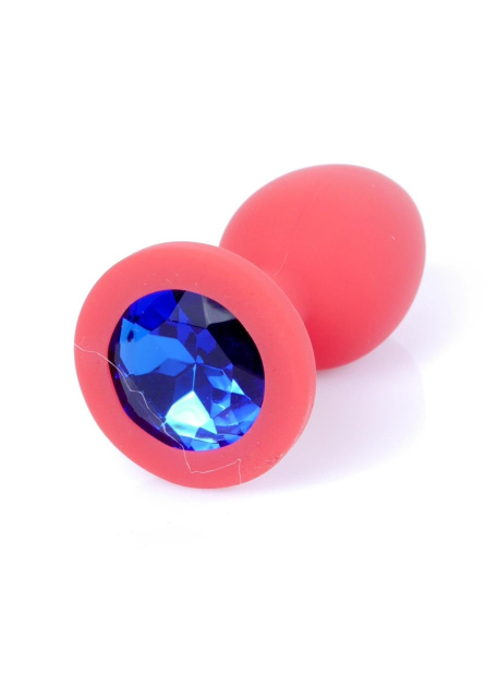 B - Series HeavyFun Plug-Jewellery Red Silicon Plug Small- Blue Diamond - Silikonowy korek analny z kryształem, Niebieski, 7 cm