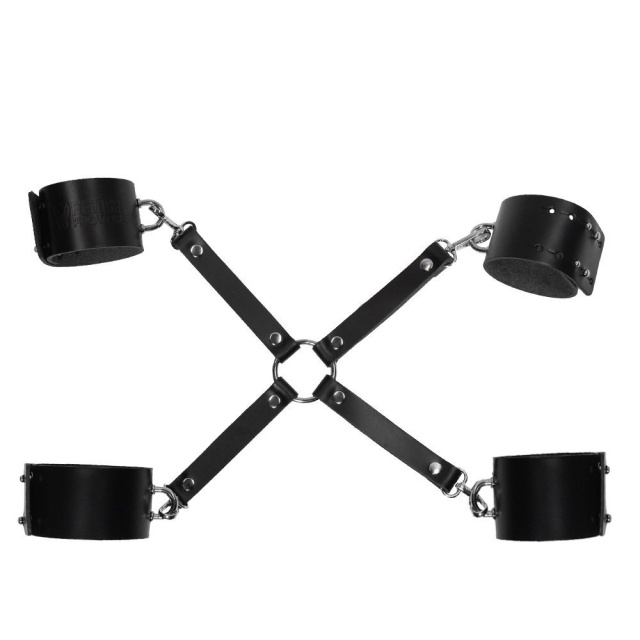 Fetish Provoke Domluxe - Skórzana uprząż z kajdankami na ręce i nogi., Czarny, 35 cm
